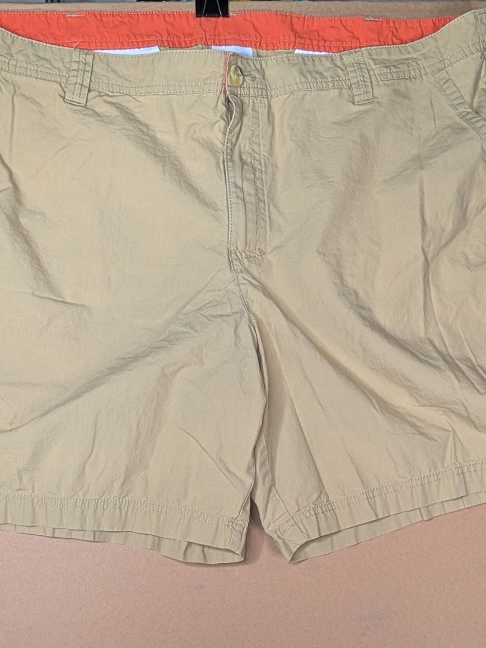 Columbia Men's Tan Flat-Front Chino Shorts with Coral Waistband